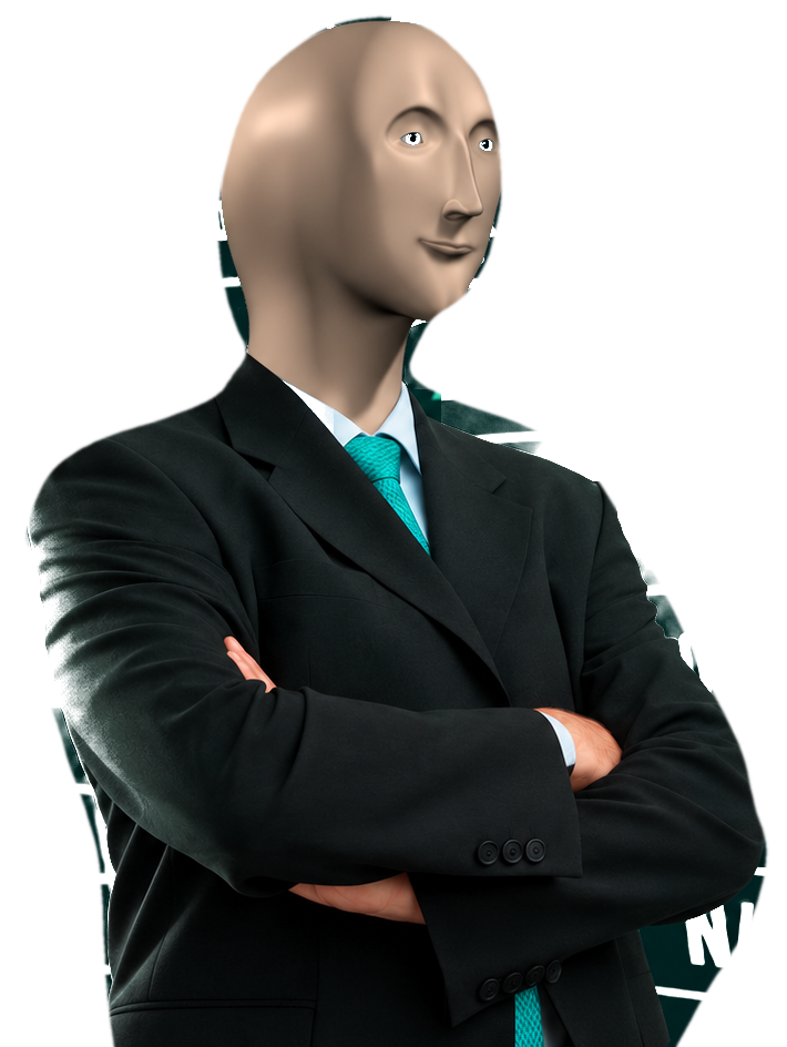 The bald stonks meme character in a black suit and turquoise tie